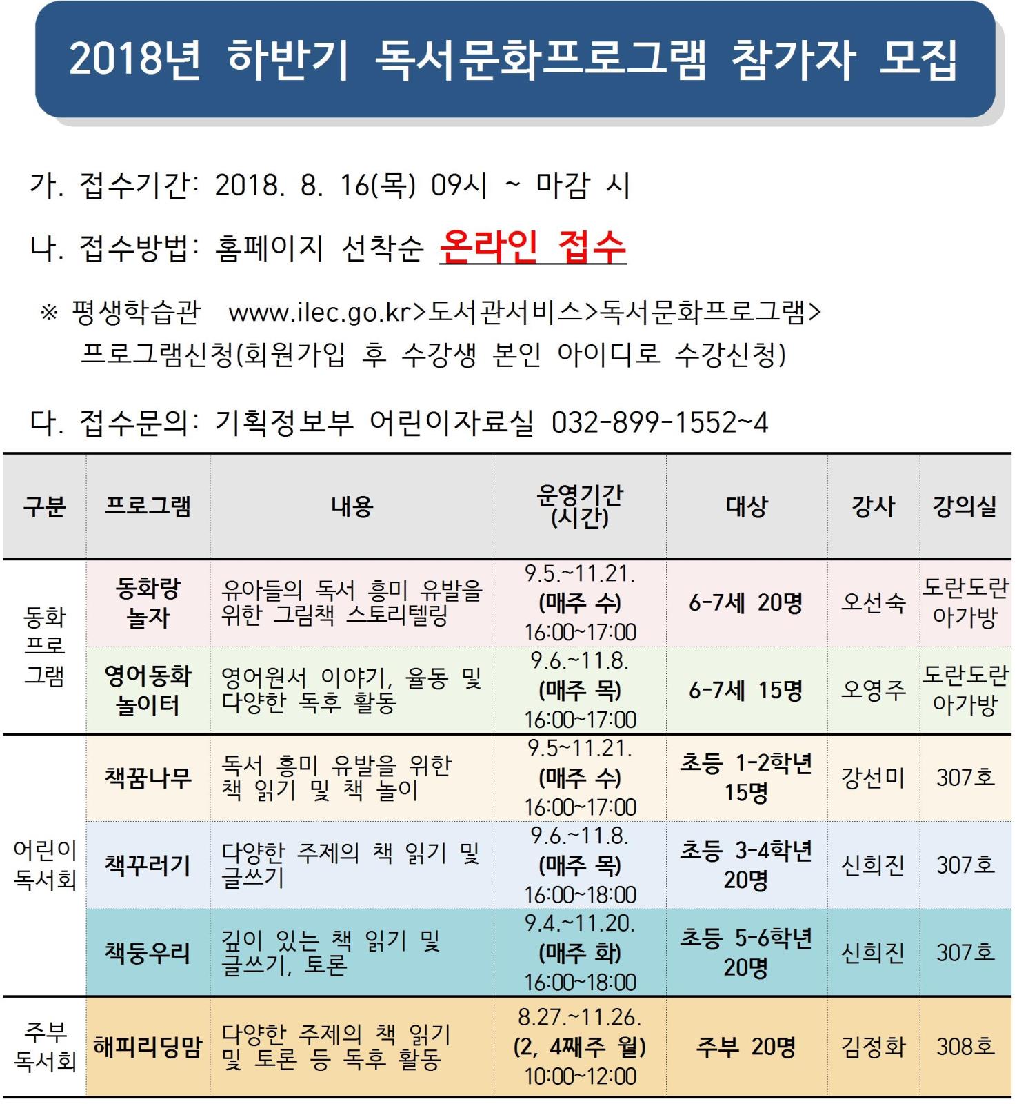 [모집]2018년 하반기 독서프로그램(유아, 초등, 주부) 참가자 모집의 1번째 이미지