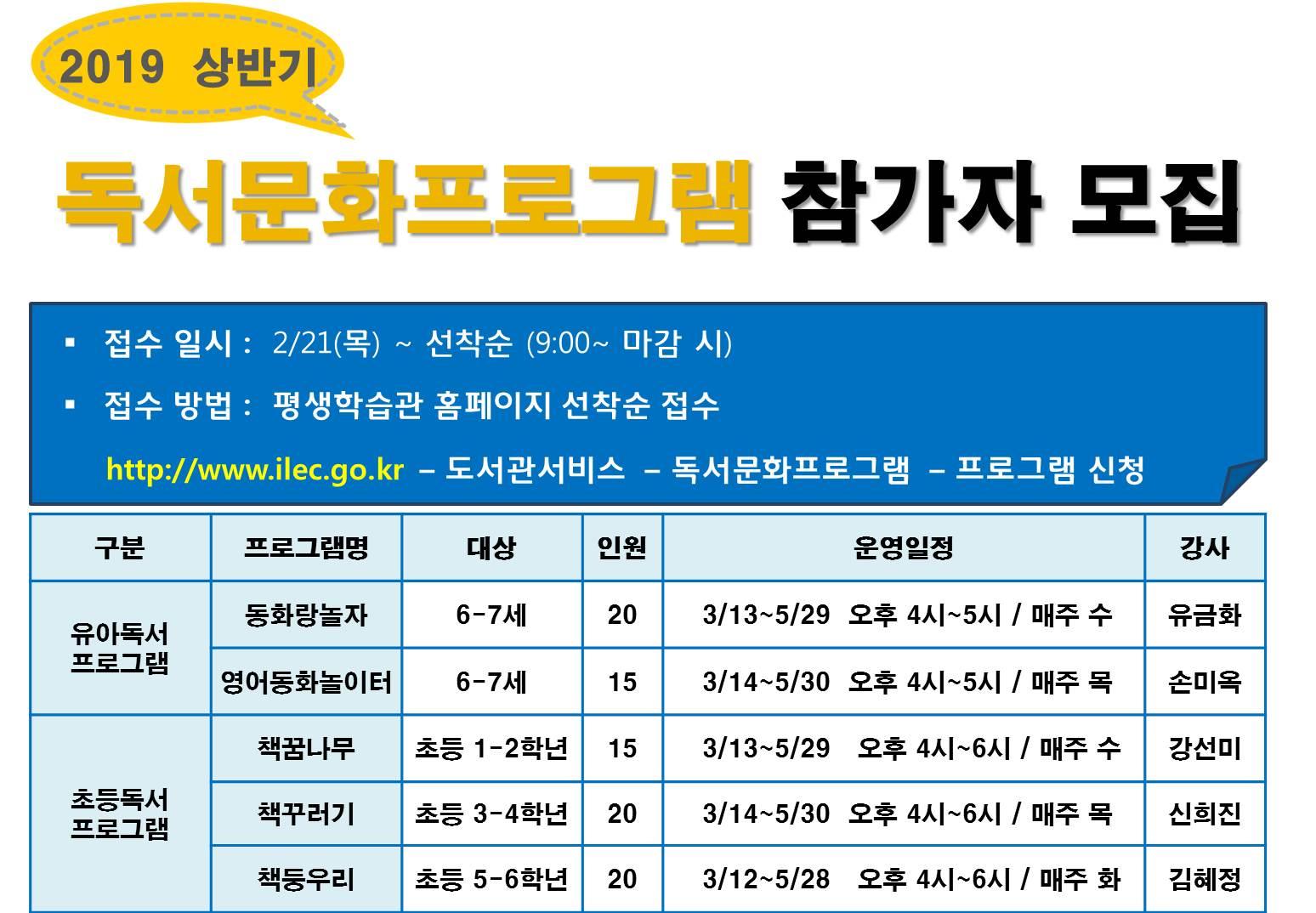 2019년 상반기 유아, 초등 독서프로그램 참가자 모집의 1번째 이미지