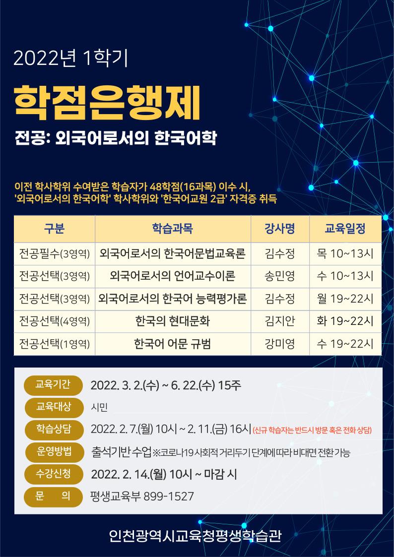 2022년 1학기 학점은행제(외국어로서의 한국어학 전공) 운영 안내의 1번째 이미지