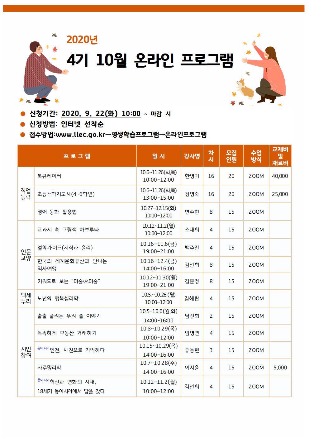 인천시교육청평생학습관 4기(10월) 온라인 평생교육프로그램 수강생 모집의 1번째 이미지