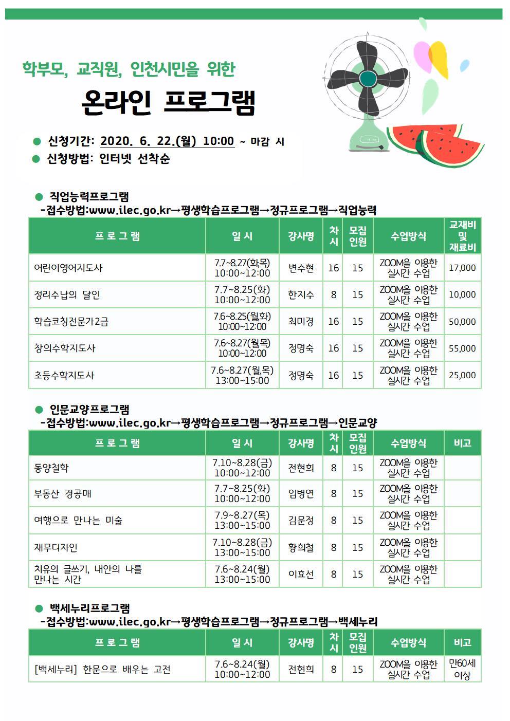 인천평생학습관 7~8월 온라인 프로그램 안내의 1번째 이미지
