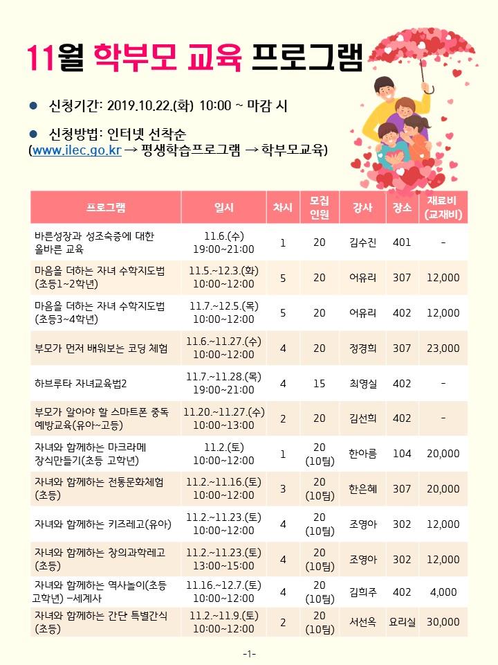 2019년 11월 학부모 프로그램 안내의 1번째 이미지