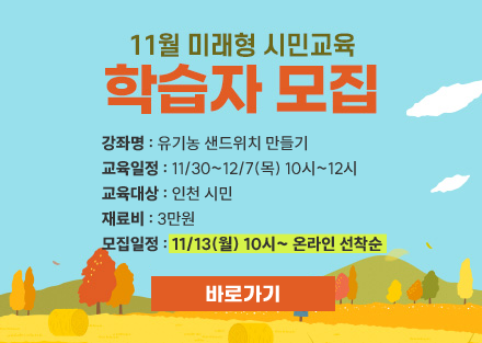 강좌명: 유기농 샌드위치 만들기
교육일정: 11/30~12/7(목) 10시~12시
교육대상: 인천 시민
재료비: 3만원
모집일정: 11/13(월) 10시~ 온라인 선착순
바로가기